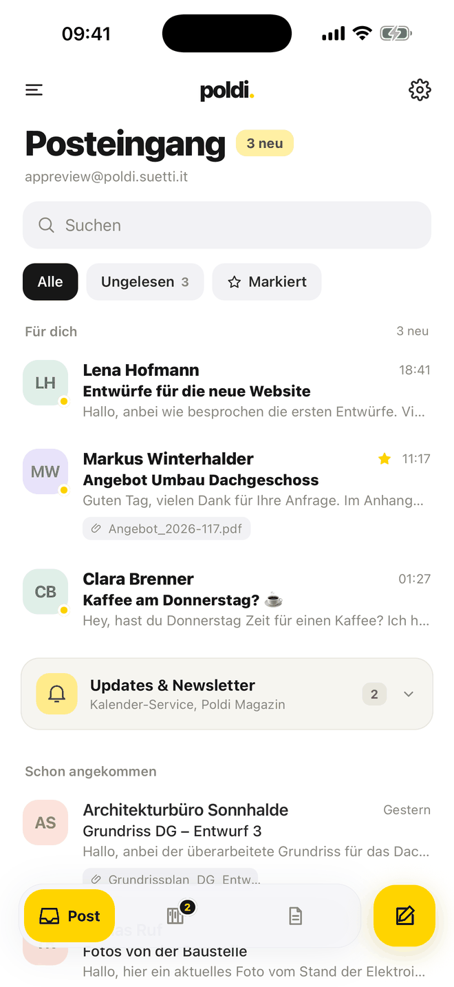 Poldi-Posteingang mit Mails aus mehreren Postfächern