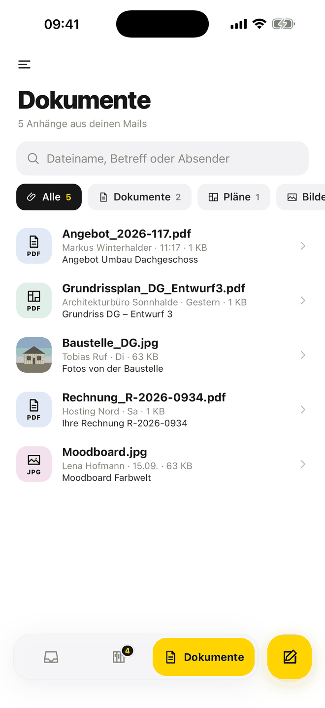 Dokumenten-Übersicht in Poldi mit Filtern für Dokumente, Pläne und Bilder