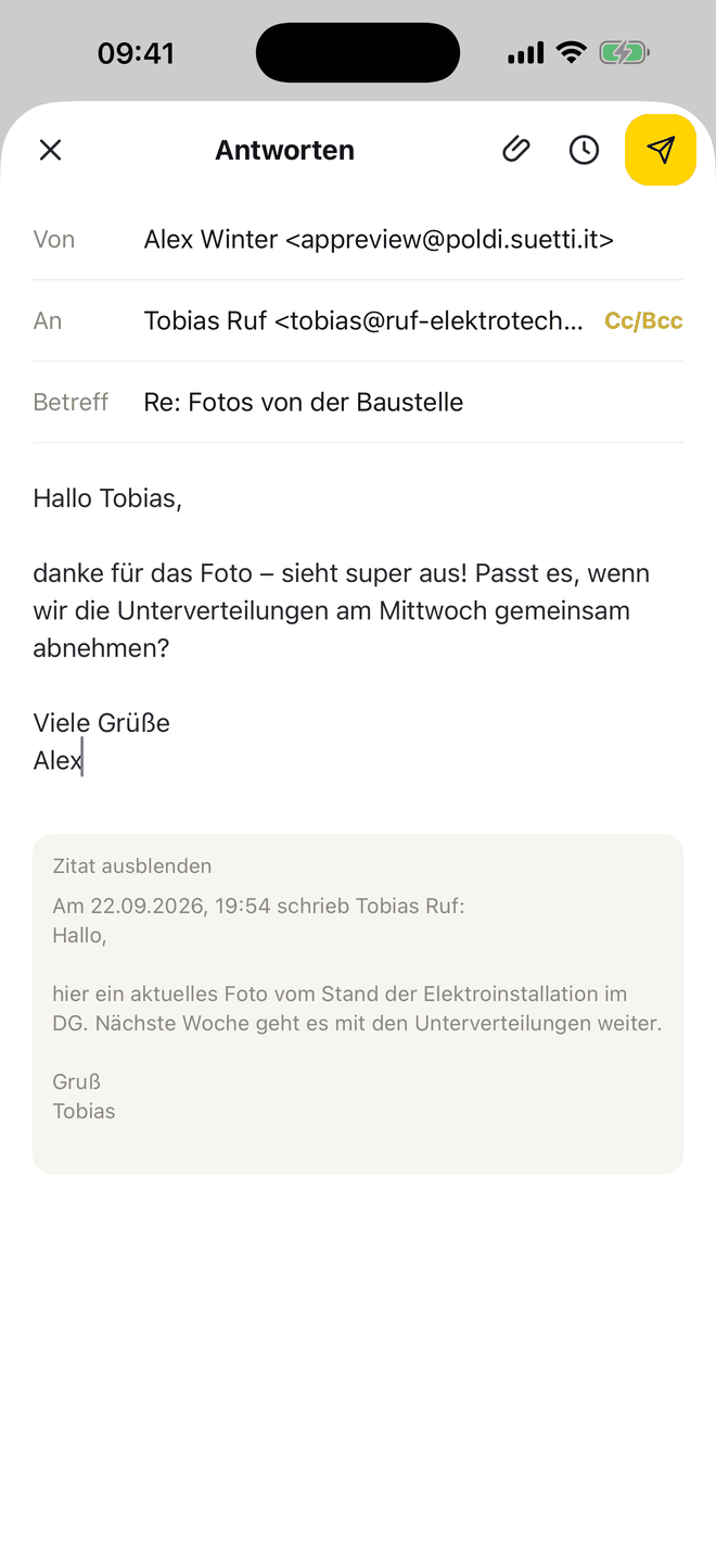 Neue Mail schreiben in Poldi mit Alias, Signatur und Später senden