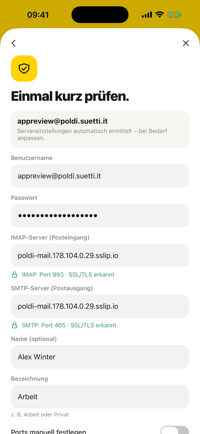 Einrichtung in Poldi: E-Mail-Adresse eingeben, Server werden automatisch erkannt